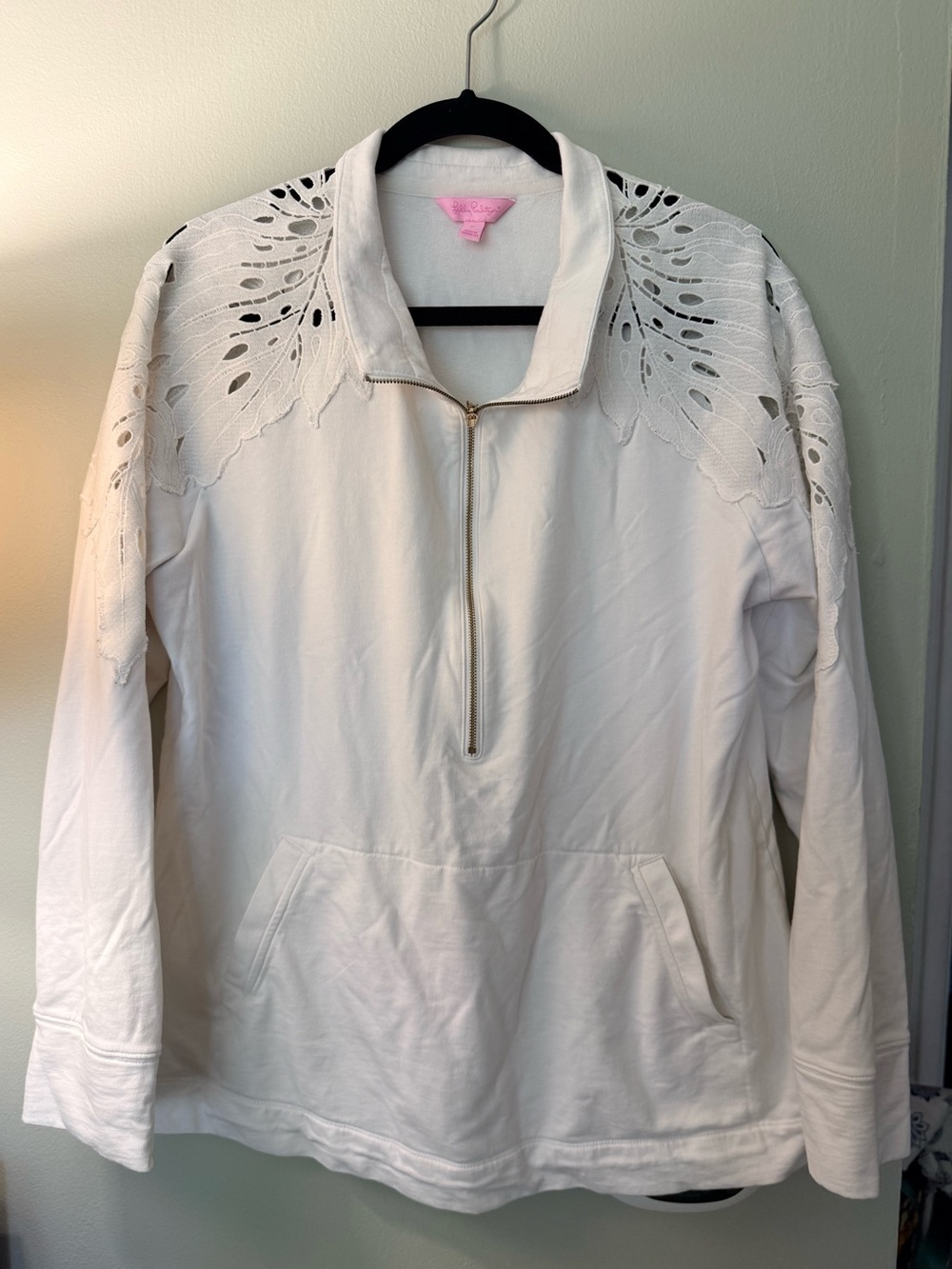 Lilly Pulitzer White Half-Zip Pullover with Lace Yoke